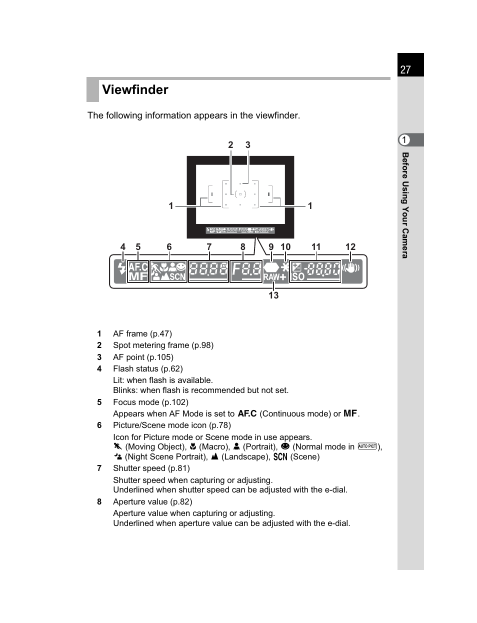 Viewfinder | Pentax K200D User Manual | Page 29 / 266