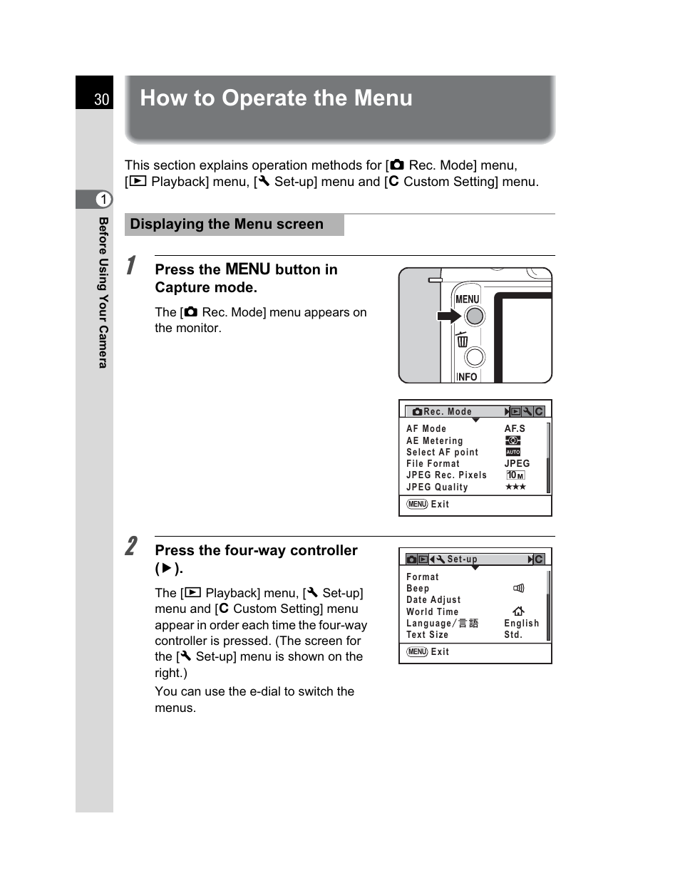 How to operate the menu | Pentax K200D User Manual | Page 32 / 266