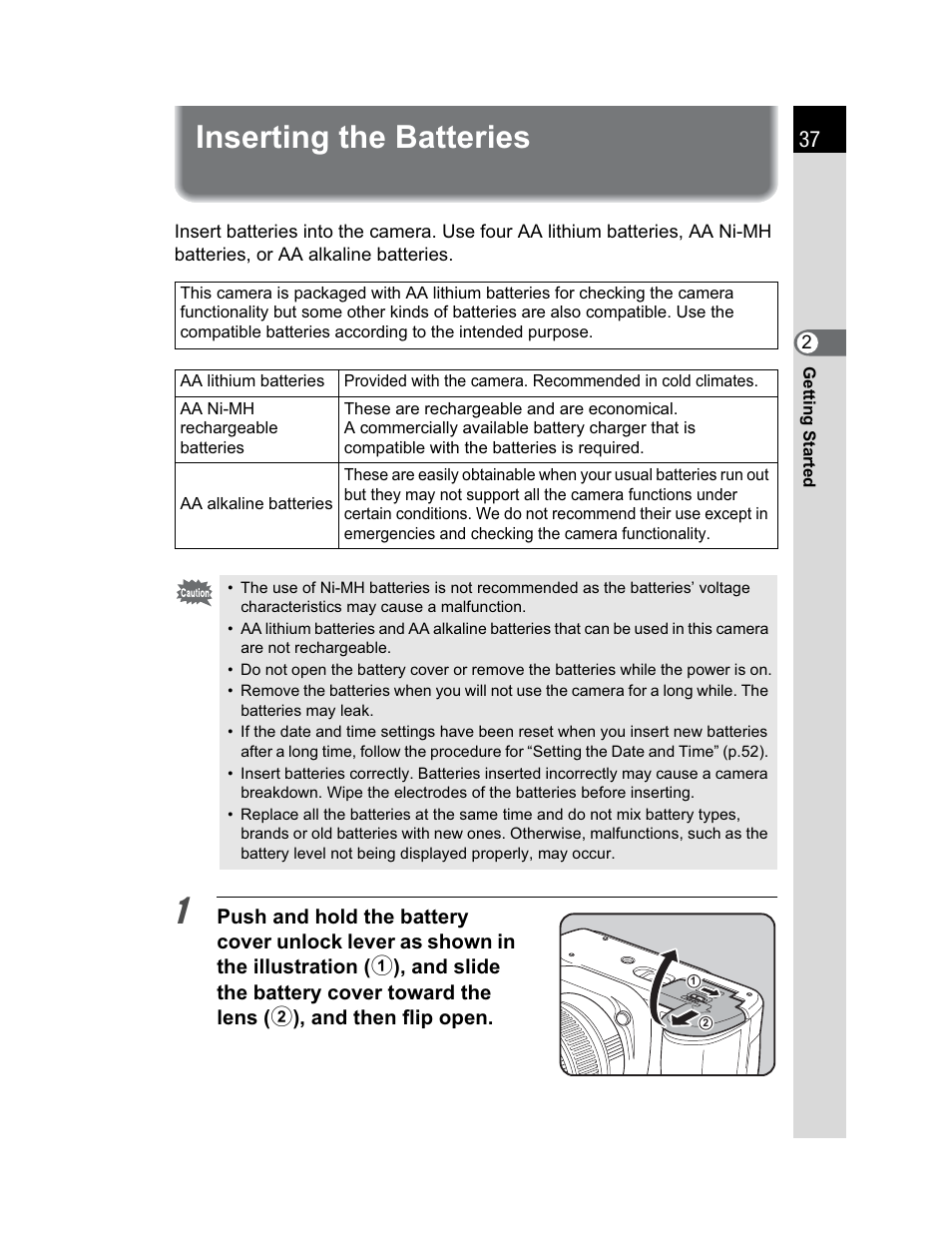 Inserting the batteries | Pentax K200D User Manual | Page 39 / 266