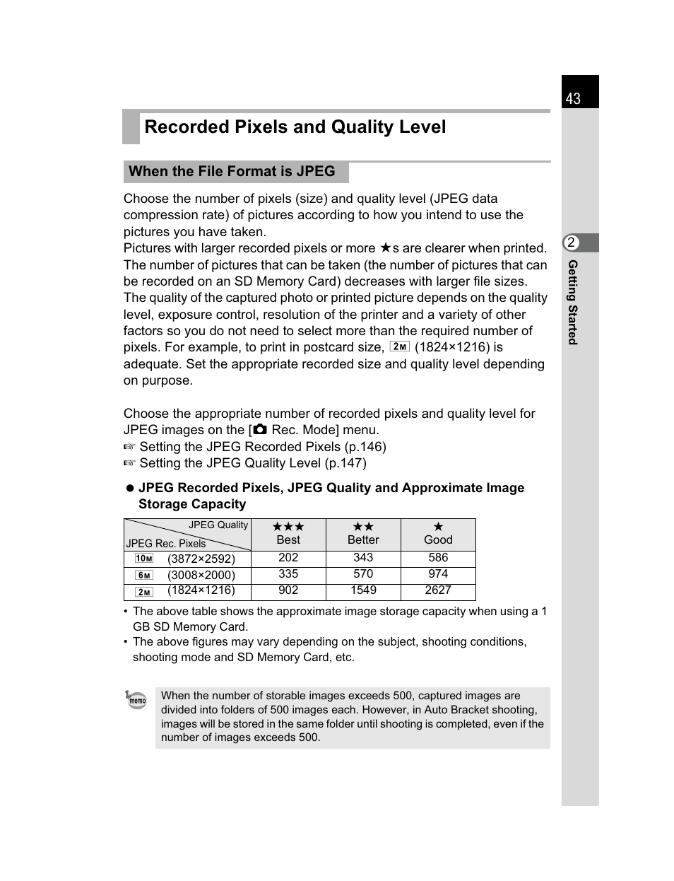 Recorded pixels and quality level | Pentax K200D User Manual | Page 45 / 266