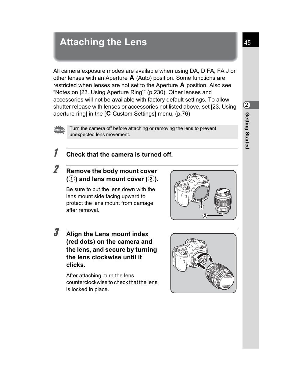 Attaching the lens | Pentax K200D User Manual | Page 47 / 266