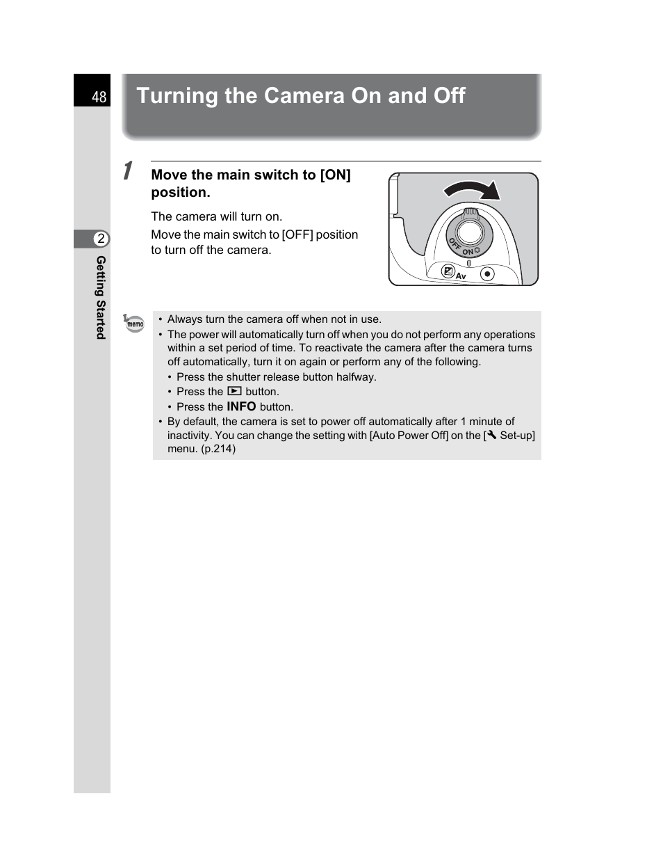 Turning the camera on and off | Pentax K200D User Manual | Page 50 / 266