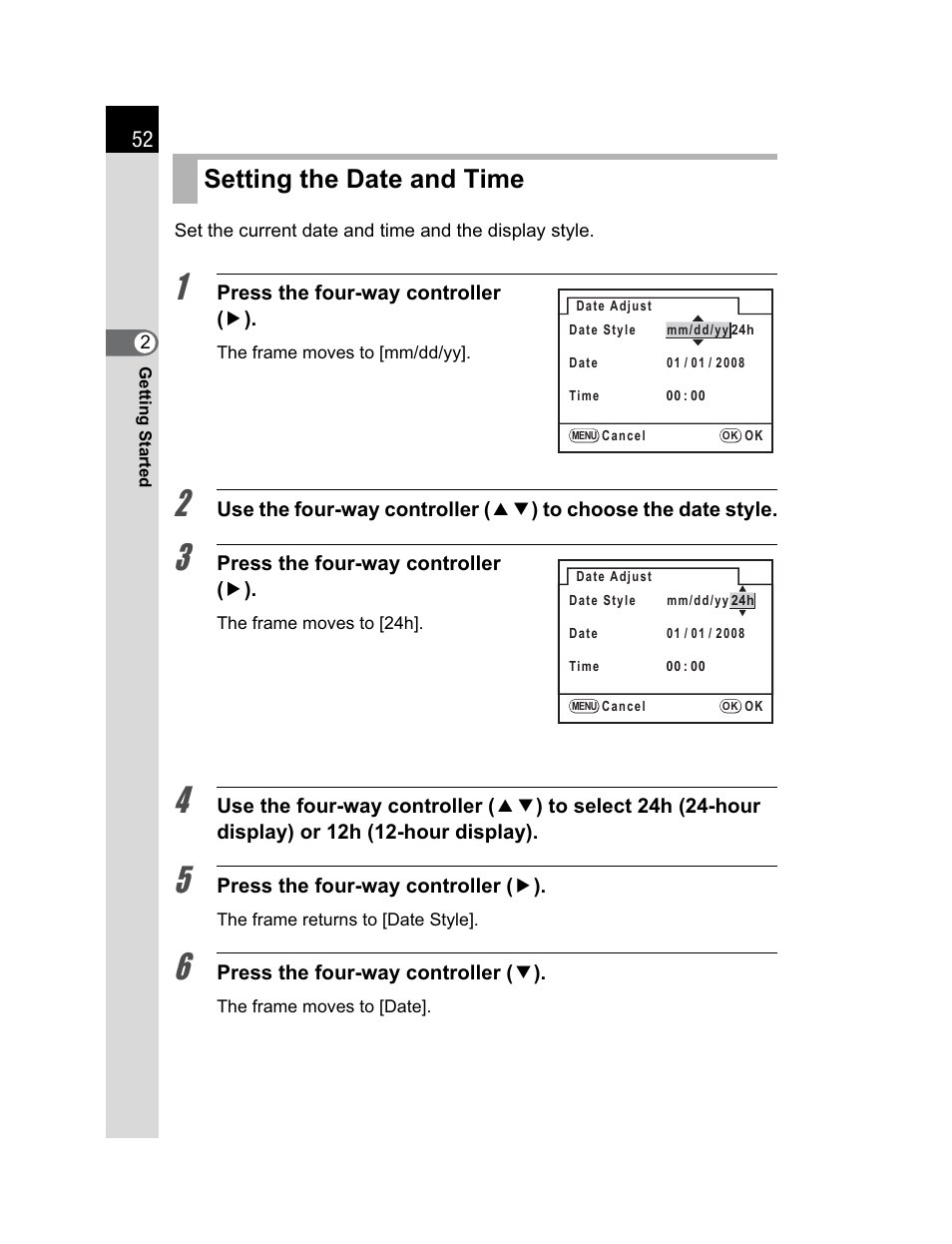 Setting the date and time | Pentax K200D User Manual | Page 54 / 266