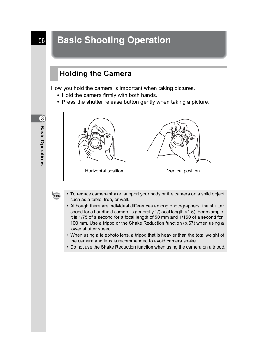 Basic shooting operation, Holding the camera | Pentax K200D User Manual | Page 58 / 266