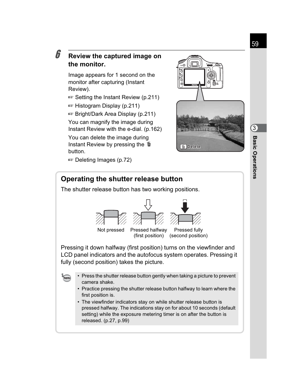 Operating the shutter release button | Pentax K200D User Manual | Page 61 / 266
