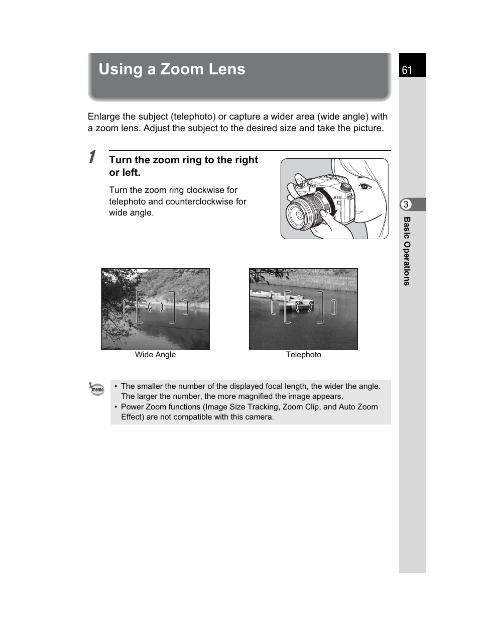 Using a zoom lens | Pentax K200D User Manual | Page 63 / 266
