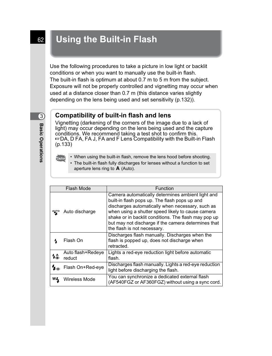 Using the built-in flash, Compatibility of built-in flash and lens | Pentax K200D User Manual | Page 64 / 266