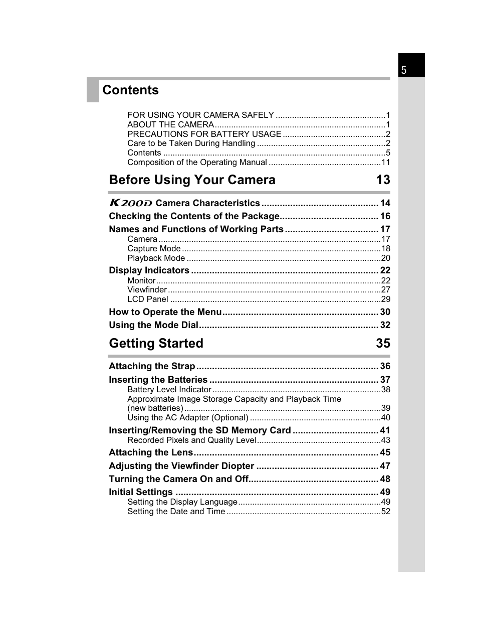 Pentax K200D User Manual | Page 7 / 266