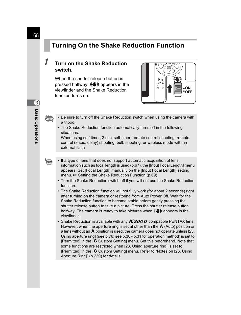 Turning on the shake reduction function | Pentax K200D User Manual | Page 70 / 266