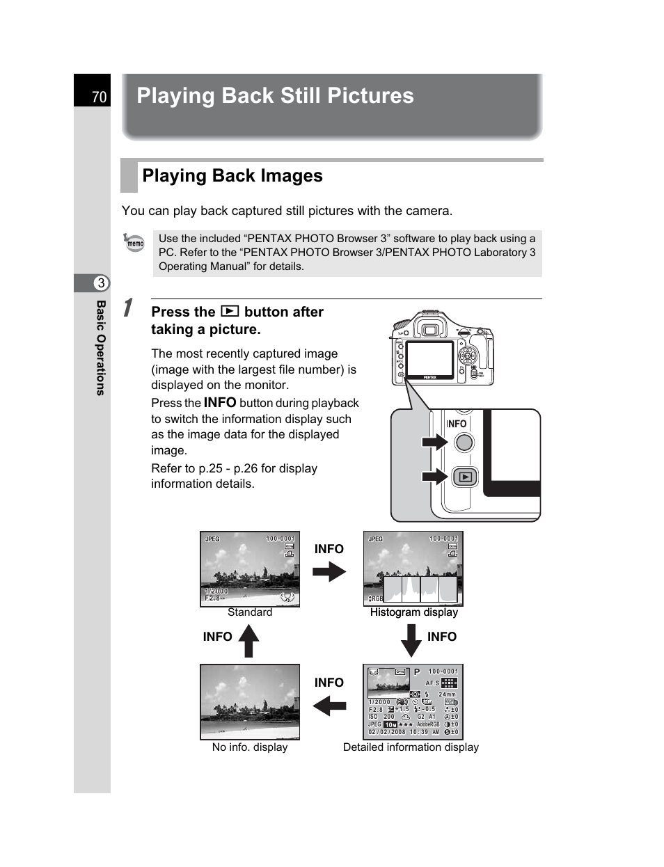 Playing back still pictures, Playing back images, Press the q button after taking a picture | Basic operations | Pentax K200D User Manual | Page 72 / 266