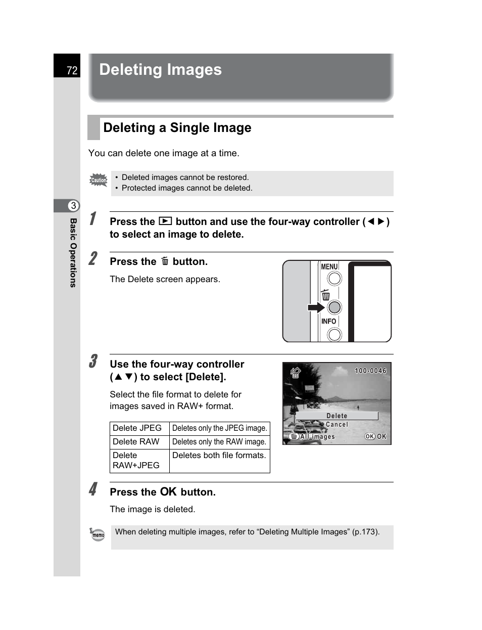 Deleting images, Deleting a single image | Pentax K200D User Manual | Page 74 / 266