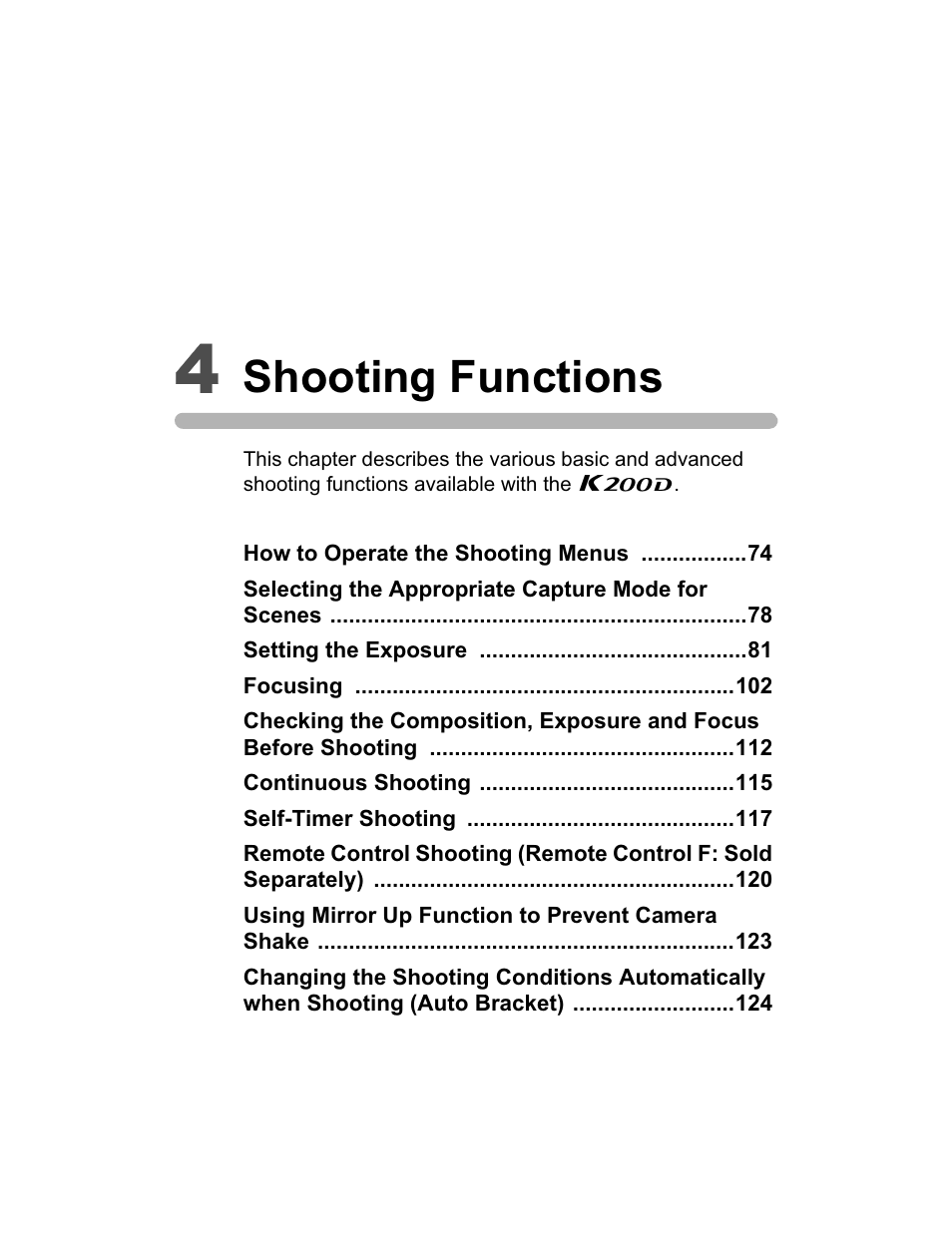 Shooting functions | Pentax K200D User Manual | Page 75 / 266