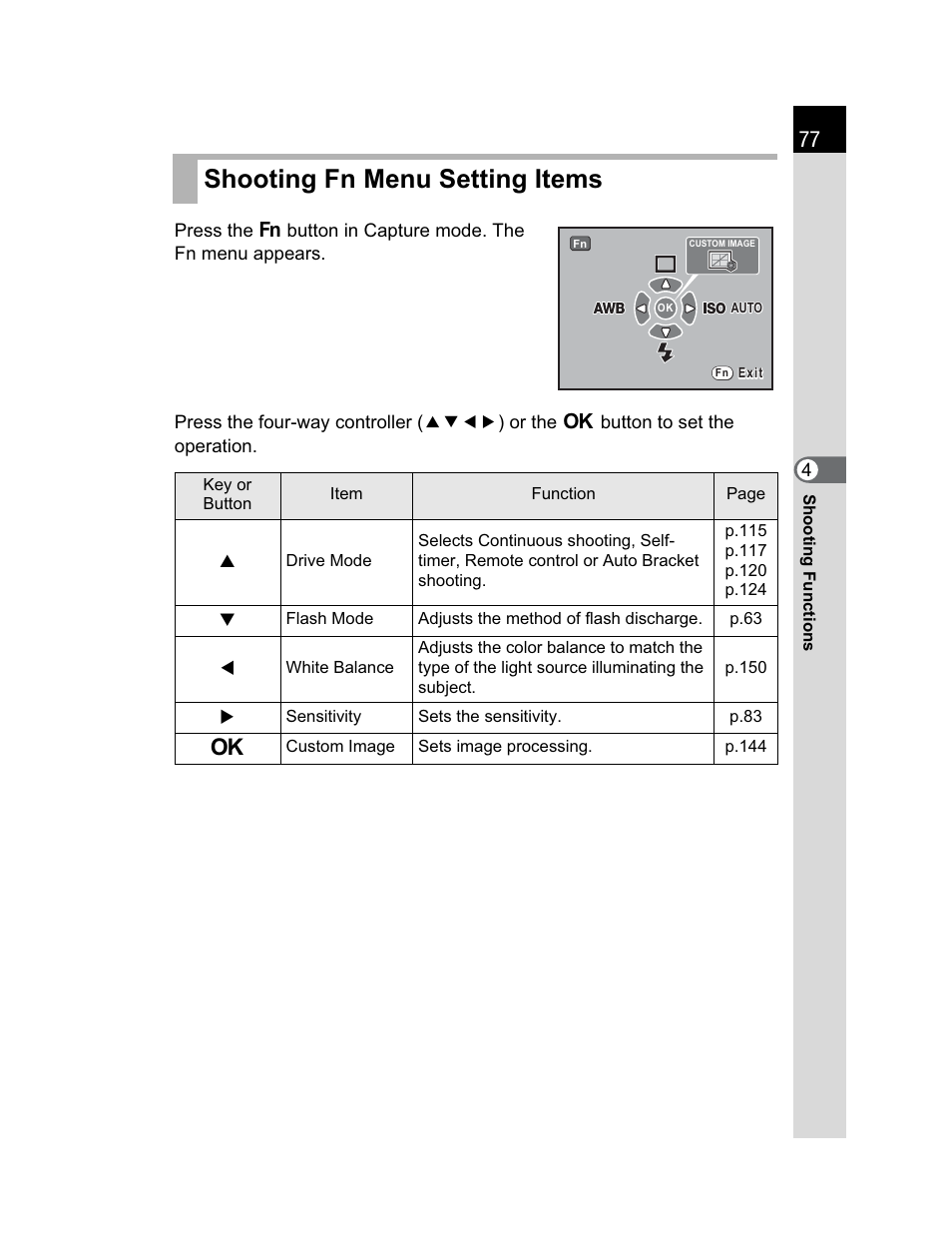 Shooting fn menu setting items | Pentax K200D User Manual | Page 79 / 266