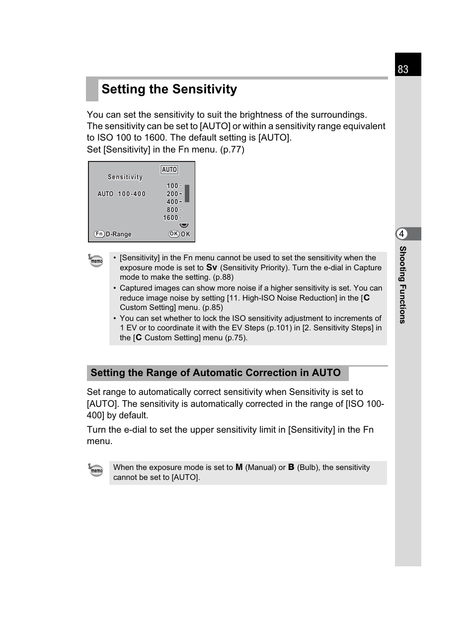 Setting the sensitivity, Setting the range of automatic correction in auto | Pentax K200D User Manual | Page 85 / 266