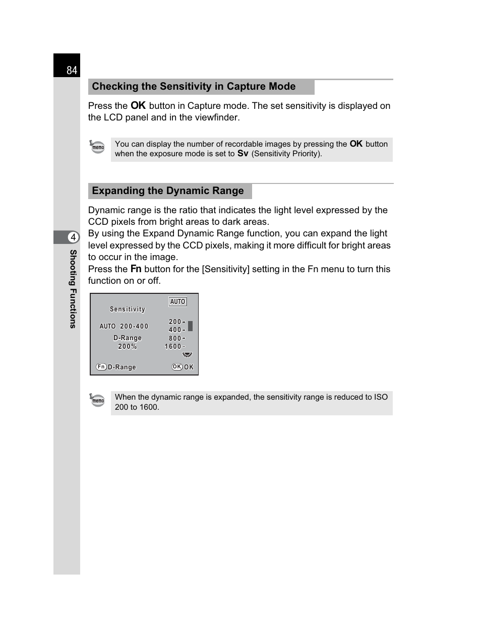 Checking the sensitivity in capture mode, Expanding the dynamic range | Pentax K200D User Manual | Page 86 / 266