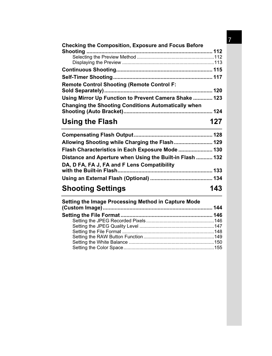 Using the flash 127, Shooting settings 143 | Pentax K200D User Manual | Page 9 / 266