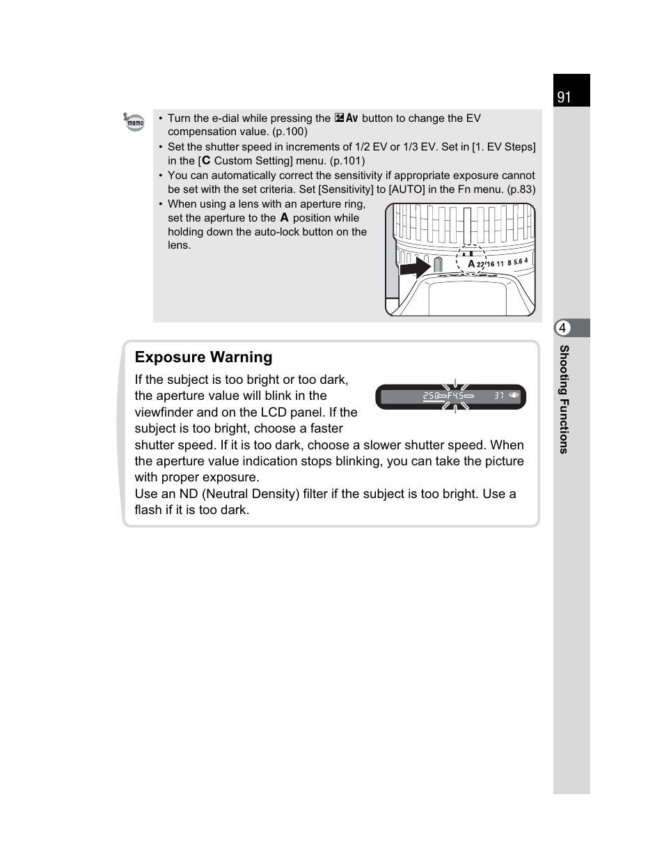 Exposure warning | Pentax K200D User Manual | Page 93 / 266