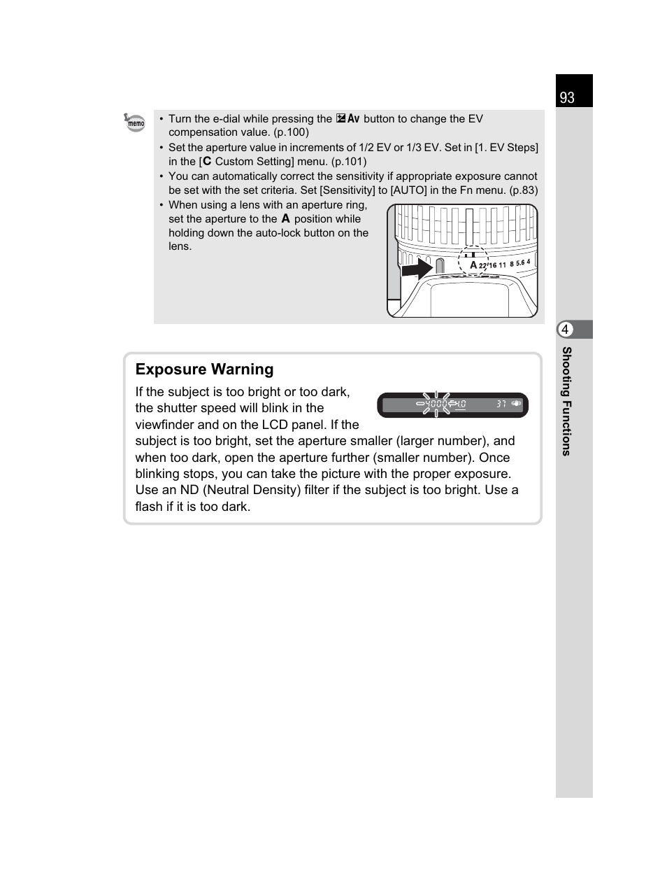 Exposure warning | Pentax K200D User Manual | Page 95 / 266