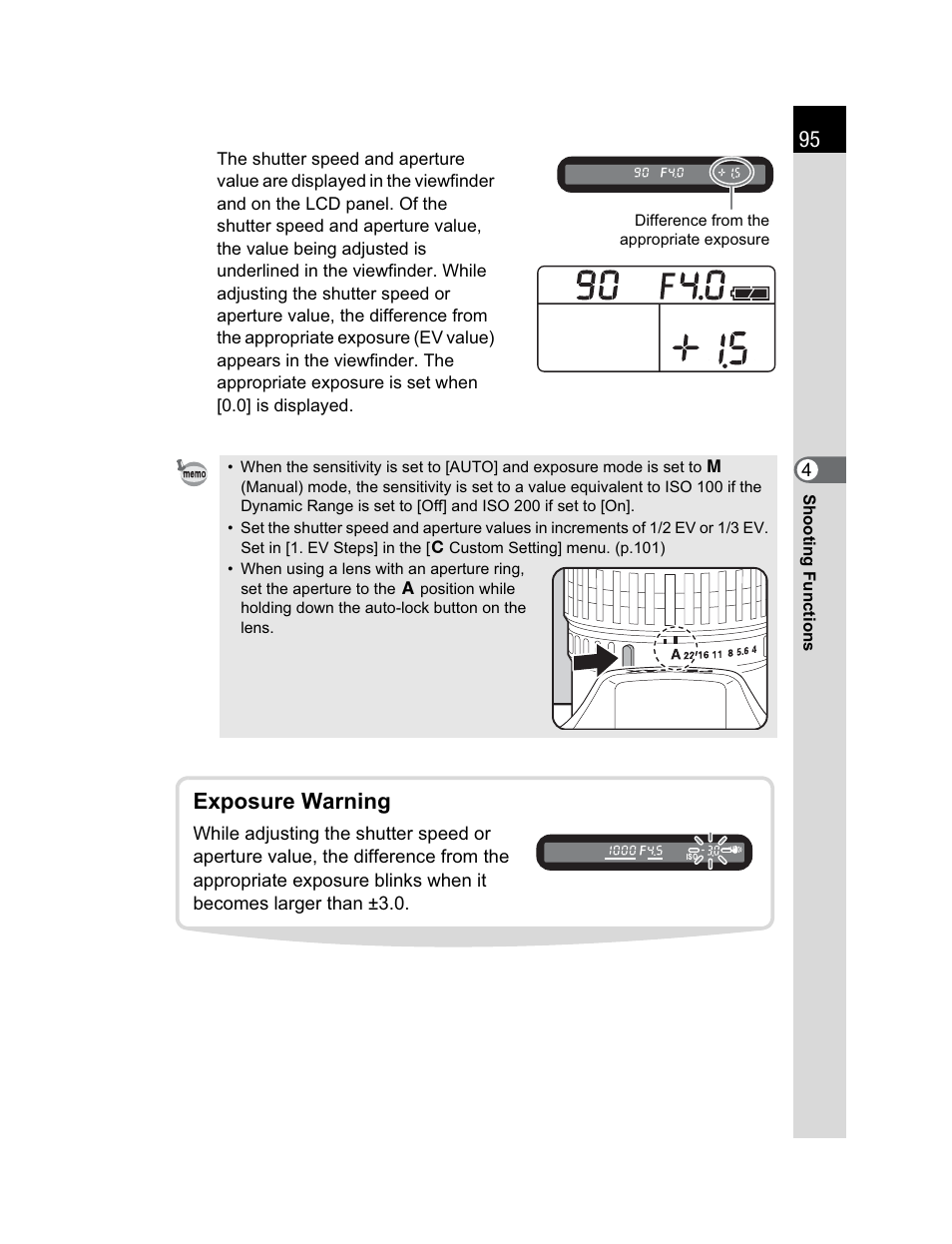 Exposure warning | Pentax K200D User Manual | Page 97 / 266