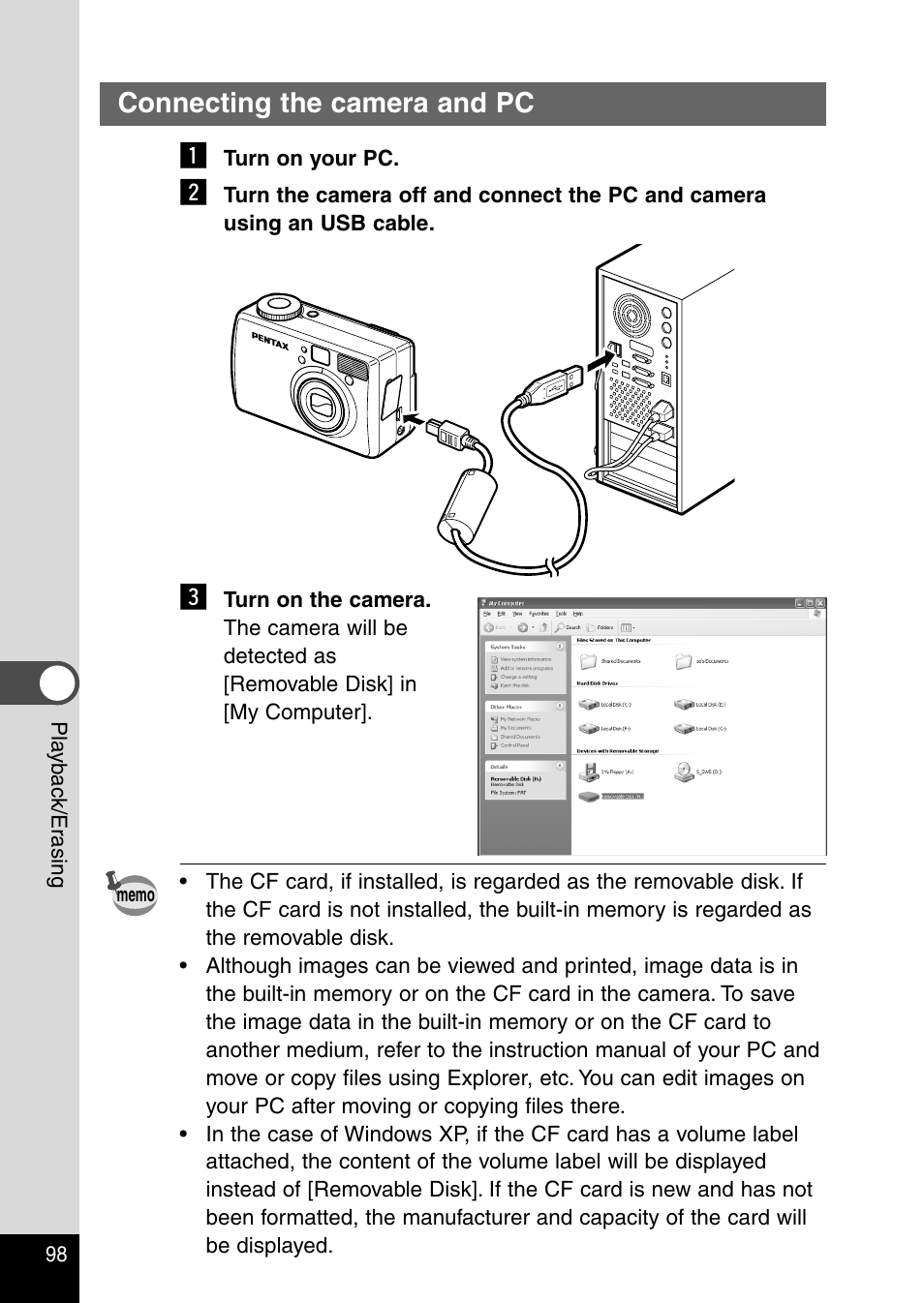 Connecting the camera and pc, Connecting the camera and pc z | Pentax Optio 330RS User Manual | Page 100 / 138