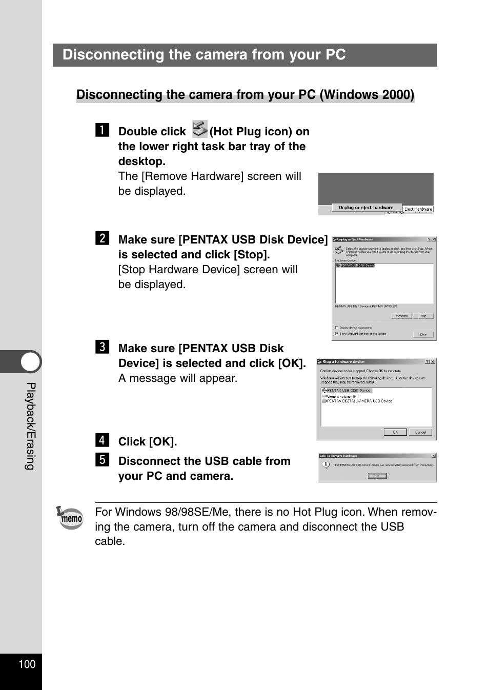 Disconnecting the camera from your pc | Pentax Optio 330RS User Manual | Page 102 / 138