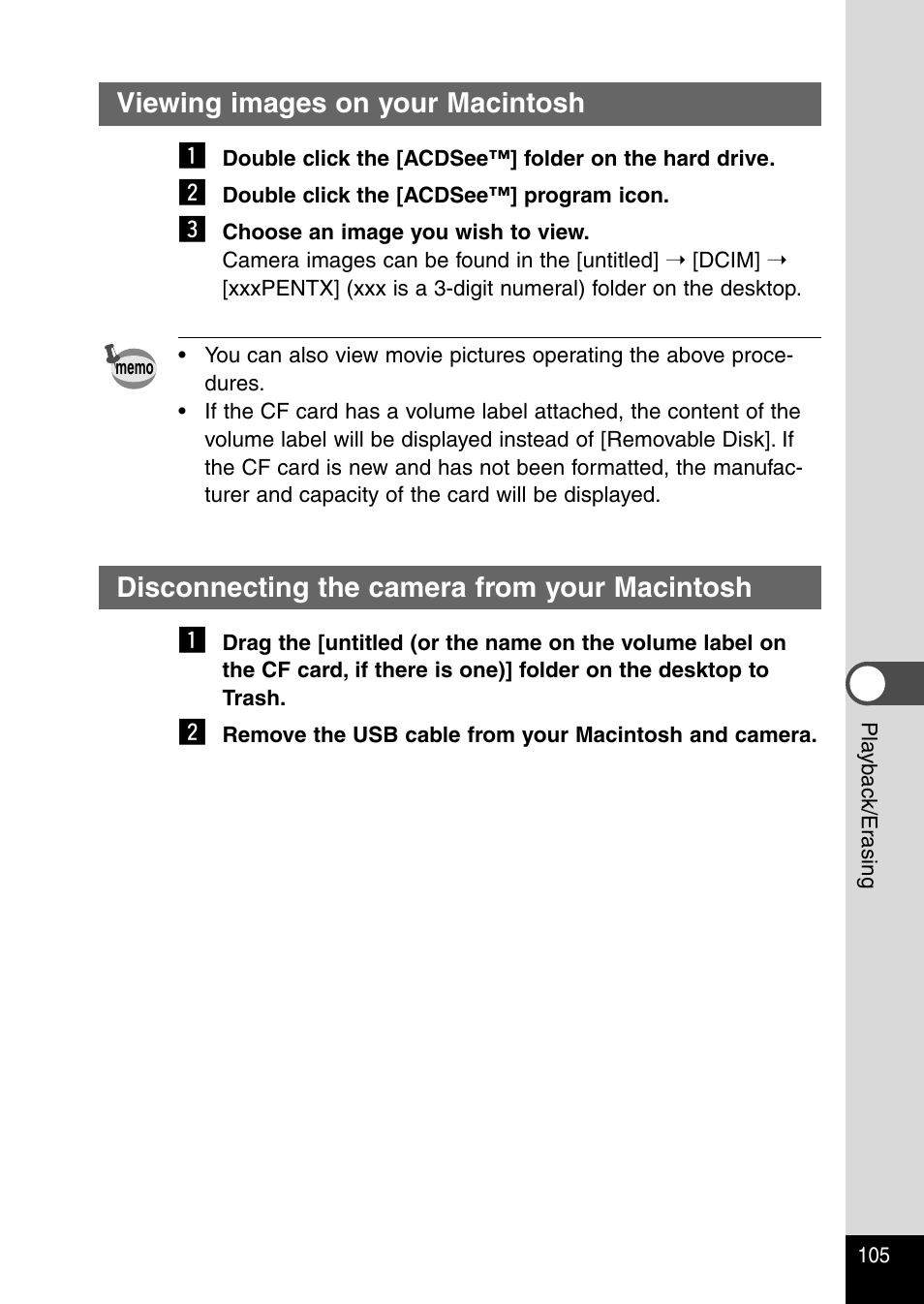 Viewing images on your macintosh, Disconnecting the camera from your macintosh, Viewing images on your macintosh z | Disconnecting the camera from your macintosh z | Pentax Optio 330RS User Manual | Page 107 / 138
