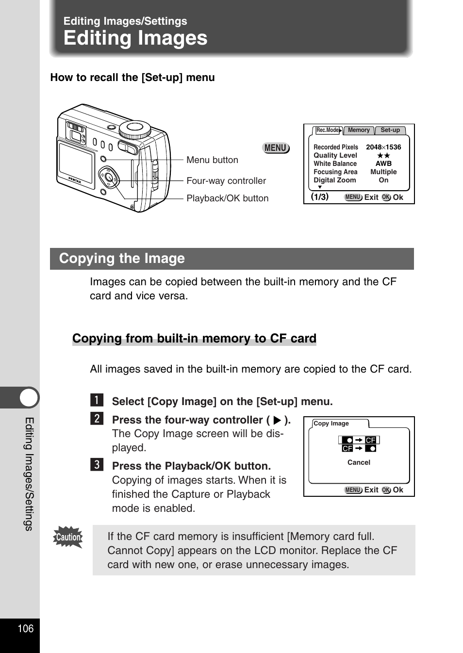 Editing images/settings, Editing images, Copying the image | Pentax Optio 330RS User Manual | Page 108 / 138