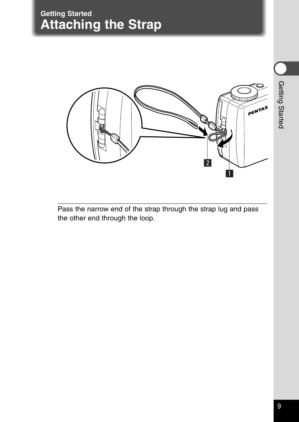 Getting started, Attaching the strap | Pentax Optio 330RS User Manual | Page 11 / 138