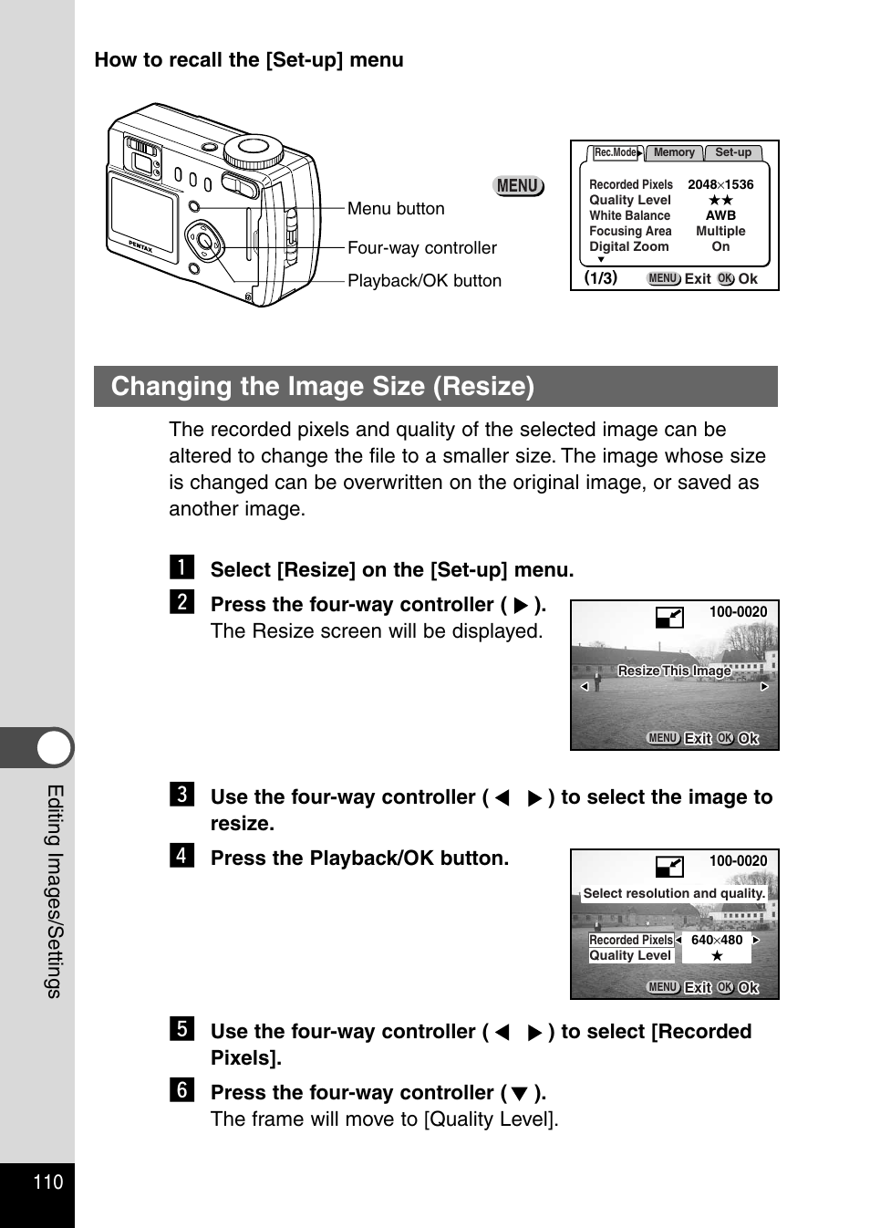 Changing the image size (resize), How to recall the [set-up] menu, Select [resize] on the [set-up] menu | Press the playback/ok button | Pentax Optio 330RS User Manual | Page 112 / 138