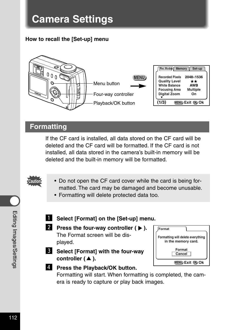 Camera settings, Formatting | Pentax Optio 330RS User Manual | Page 114 / 138