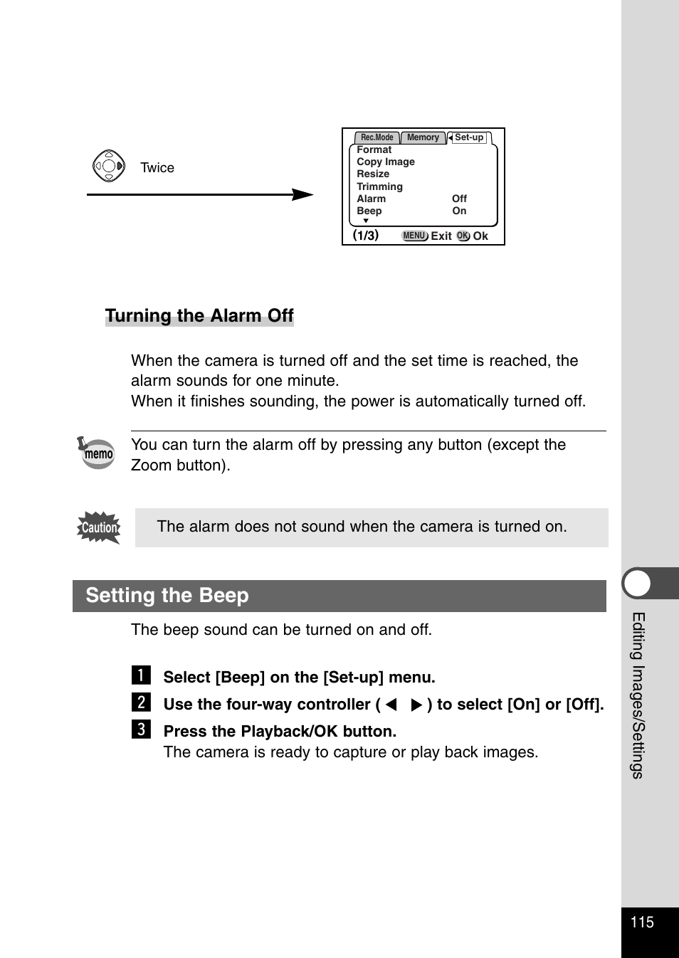 Setting the beep, Turning the alarm off | Pentax Optio 330RS User Manual | Page 117 / 138