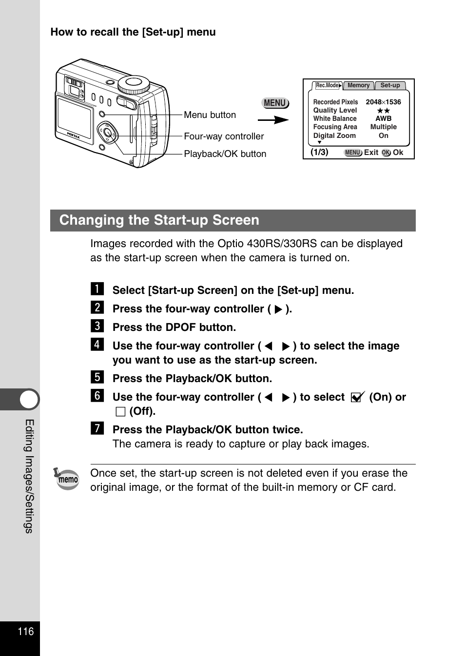 Changing the start-up screen | Pentax Optio 330RS User Manual | Page 118 / 138