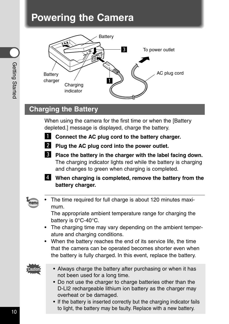 Powering the camera, Charging the battery | Pentax Optio 330RS User Manual | Page 12 / 138