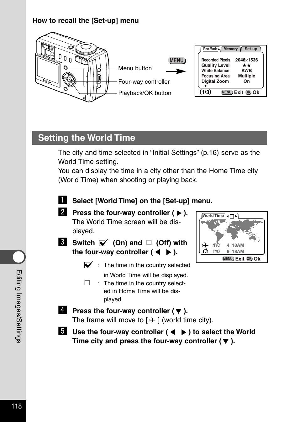 Setting the world time | Pentax Optio 330RS User Manual | Page 120 / 138