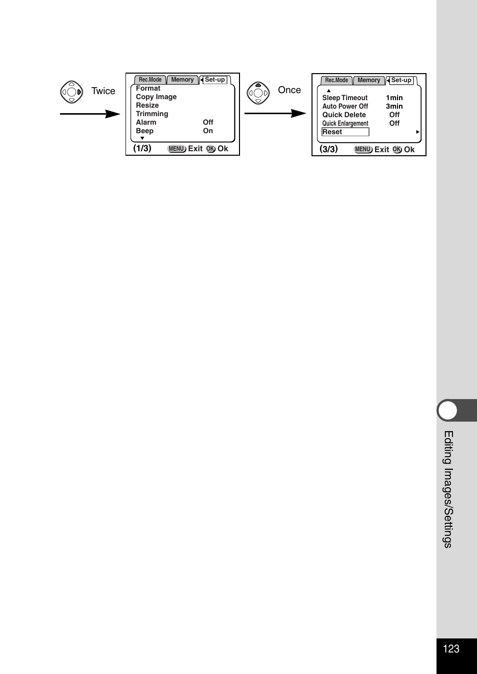 123 editing images/settings, Twice, Once | Pentax Optio 330RS User Manual | Page 125 / 138