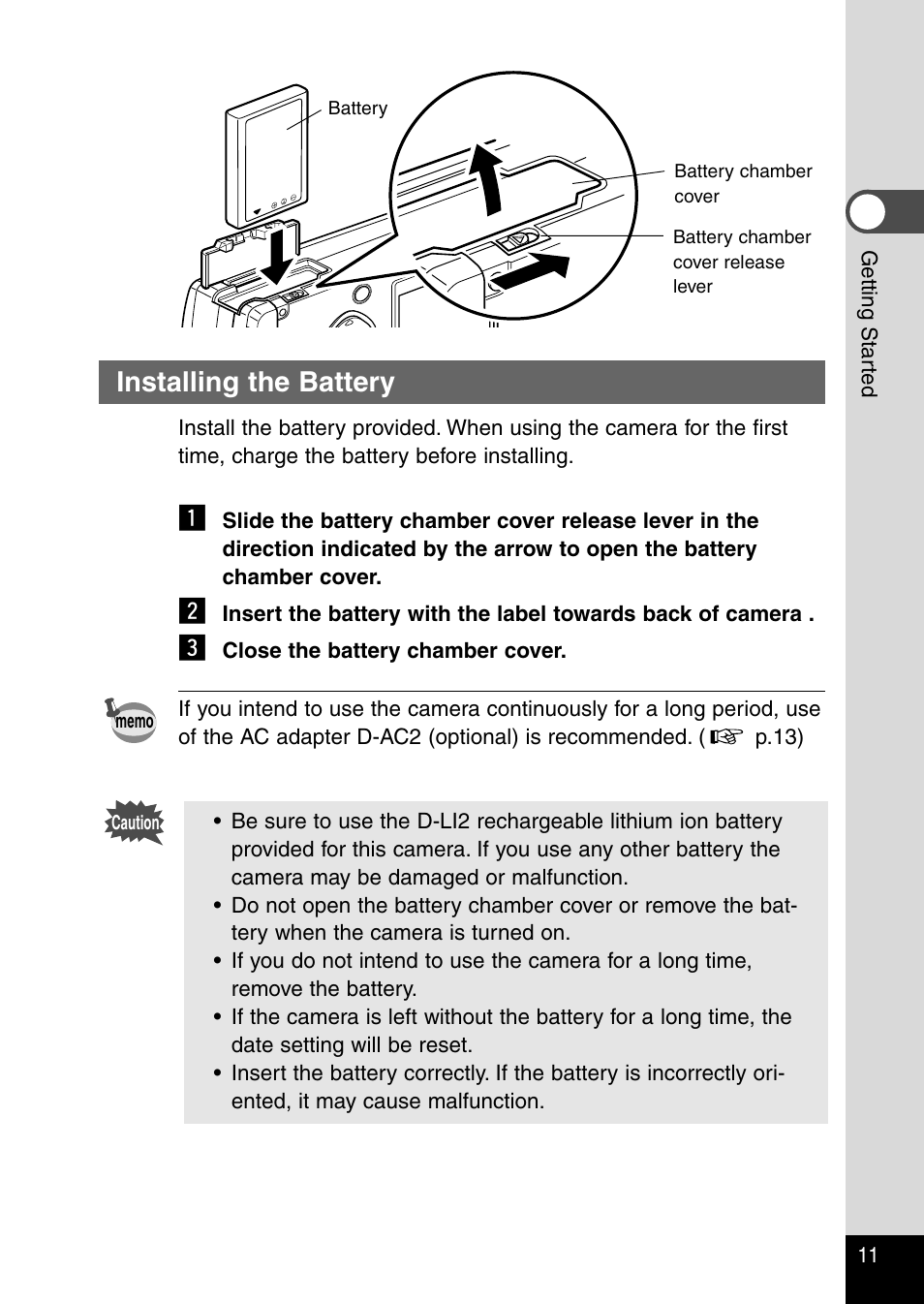 Installing the battery | Pentax Optio 330RS User Manual | Page 13 / 138