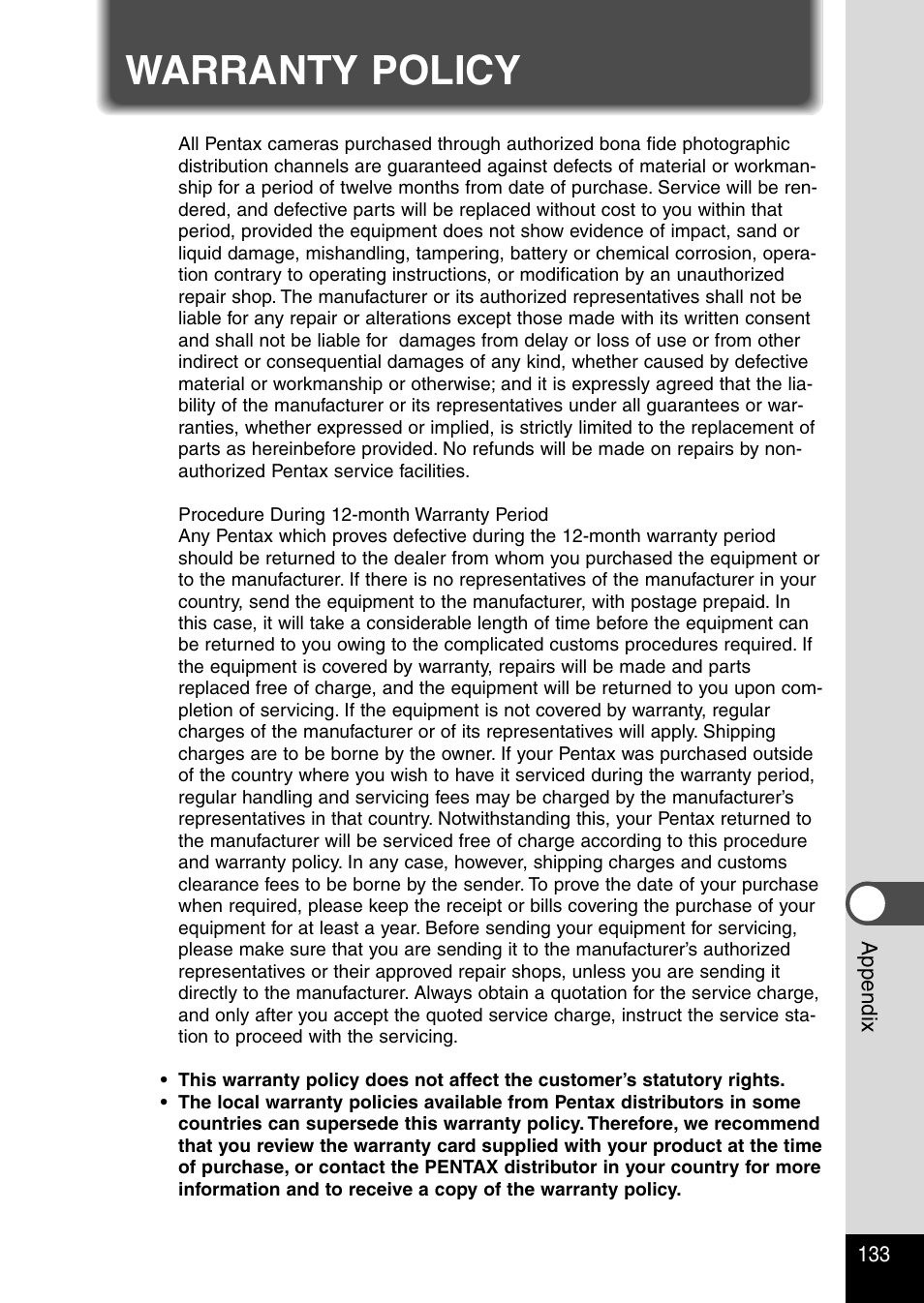 Warranty policy | Pentax Optio 330RS User Manual | Page 135 / 138