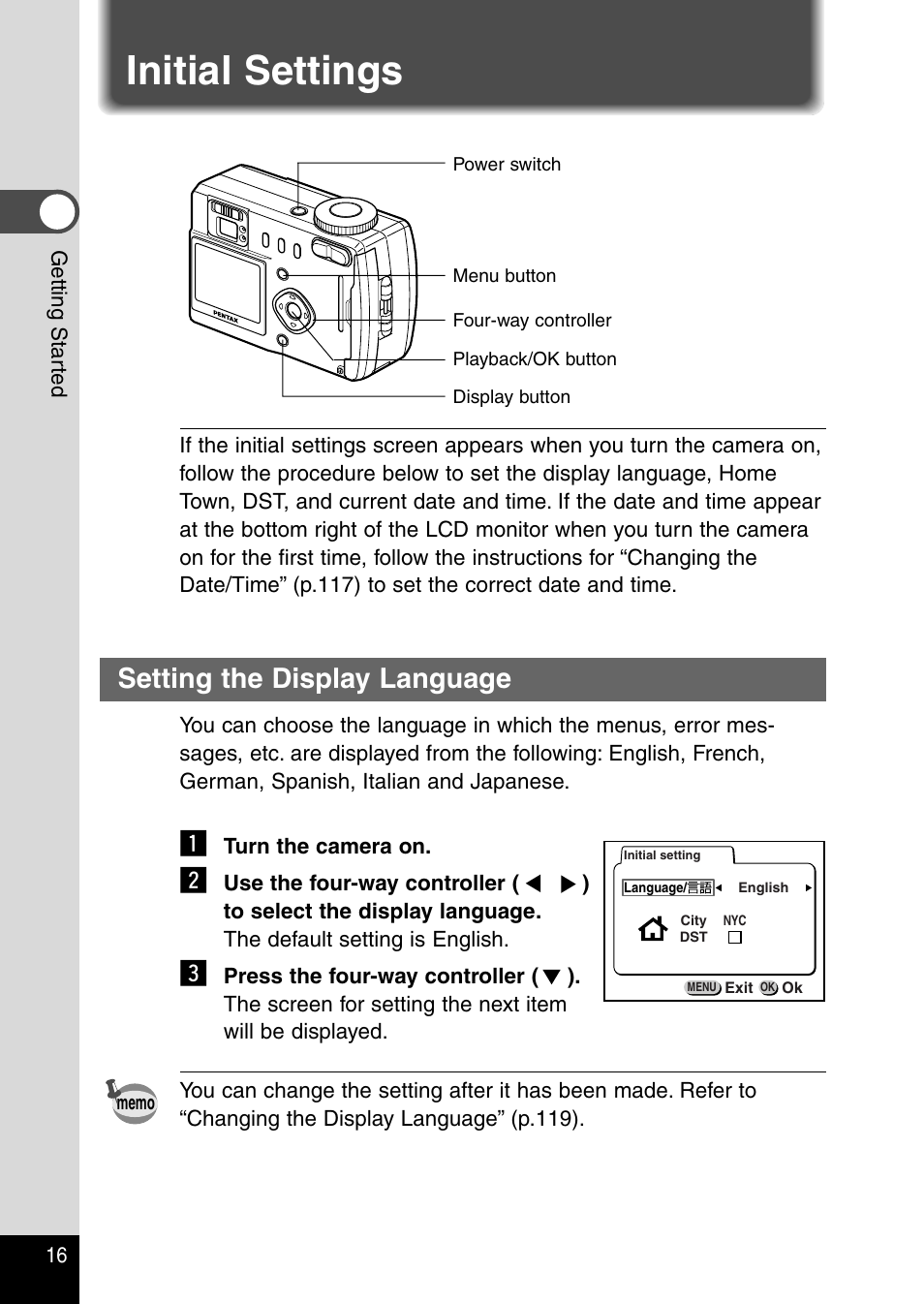 Initial settings, Setting the display language | Pentax Optio 330RS User Manual | Page 18 / 138