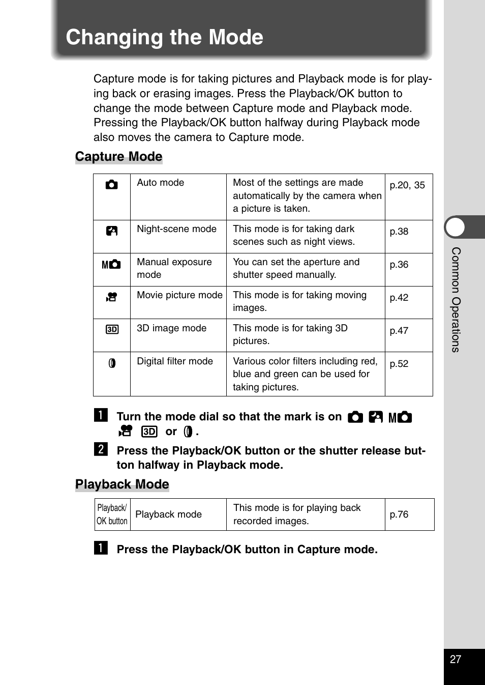 Changing the mode, Capture mode, Playback mode | Pentax Optio 330RS User Manual | Page 29 / 138