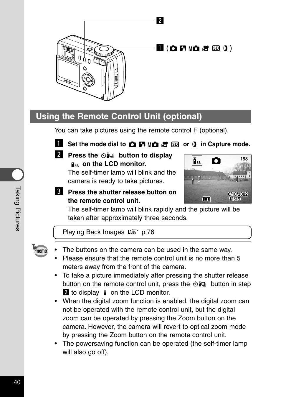 Using the remote control unit (optional) | Pentax Optio 330RS User Manual | Page 42 / 138