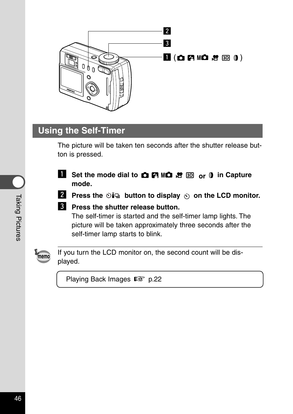 Using the self-timer | Pentax Optio 330RS User Manual | Page 48 / 138