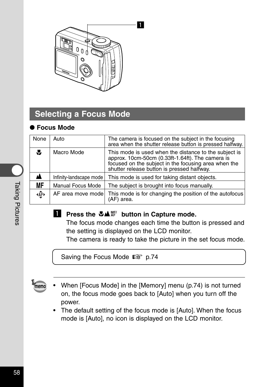 Selecting a focus mode | Pentax Optio 330RS User Manual | Page 60 / 138