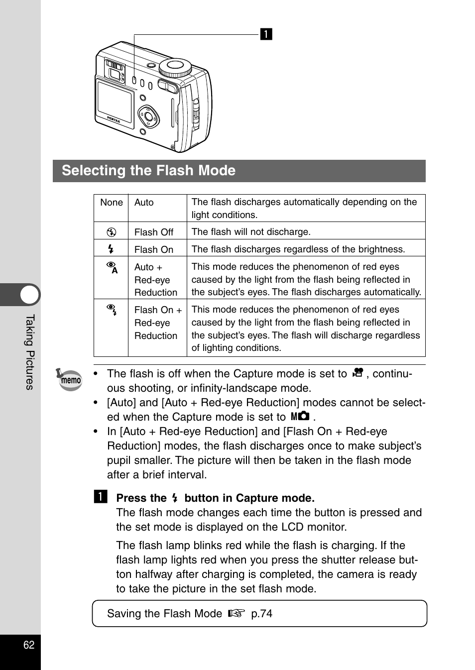 Selecting the flash mode | Pentax Optio 330RS User Manual | Page 64 / 138