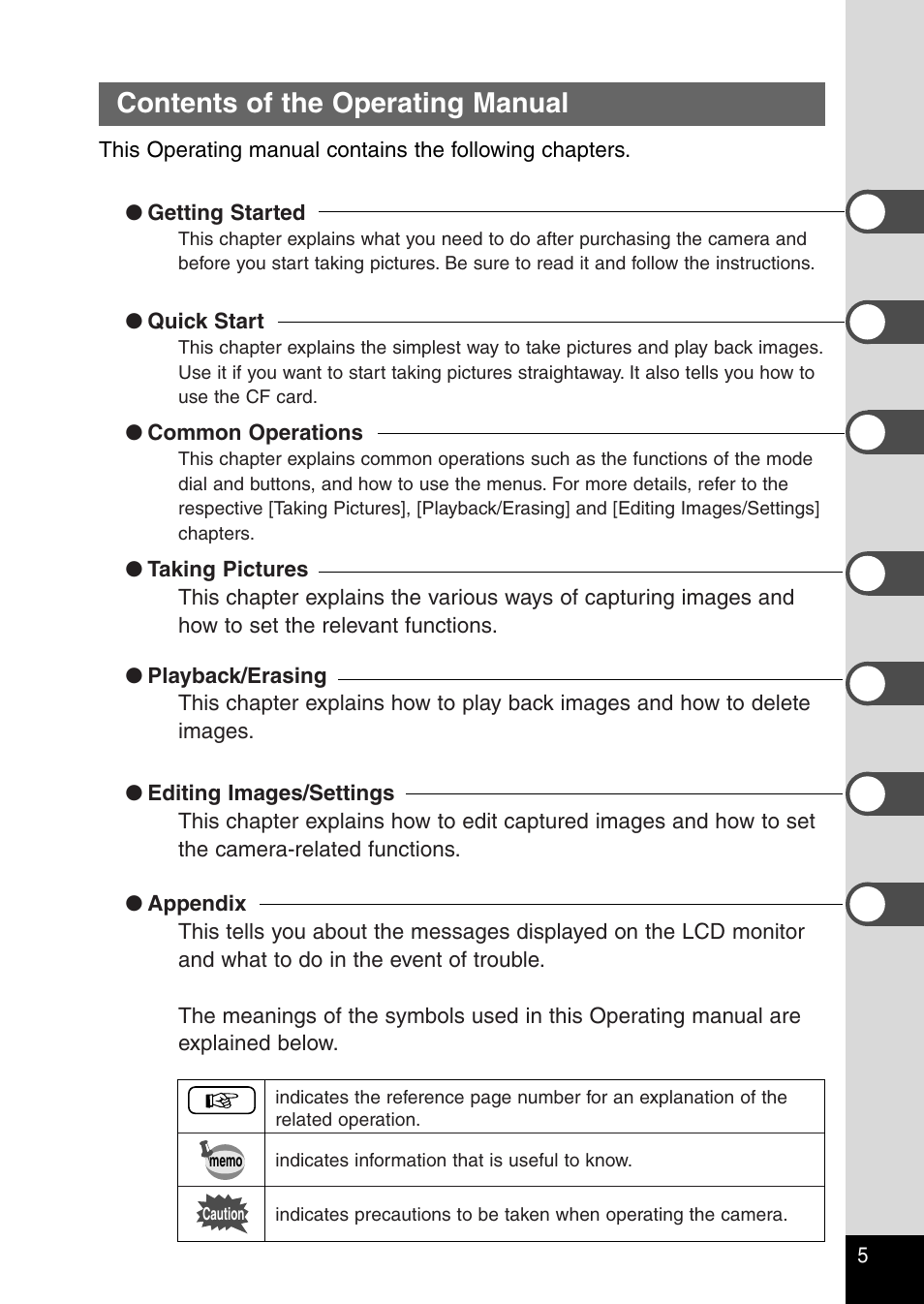Contents of the operating manual | Pentax Optio 330RS User Manual | Page 7 / 138