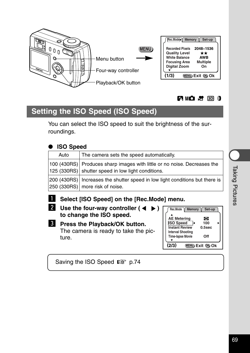 Setting the iso speed (iso speed), 69 t aking pictures, Select [iso speed] on the [rec.mode] menu | Pentax Optio 330RS User Manual | Page 71 / 138