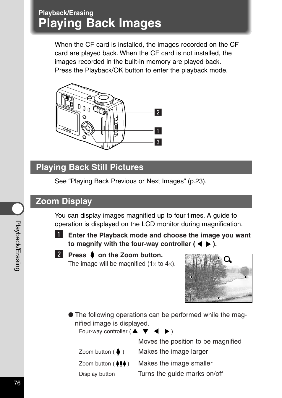 Playback/erasing, Playing back images, Playing back still pictures | Zoom display | Pentax Optio 330RS User Manual | Page 78 / 138
