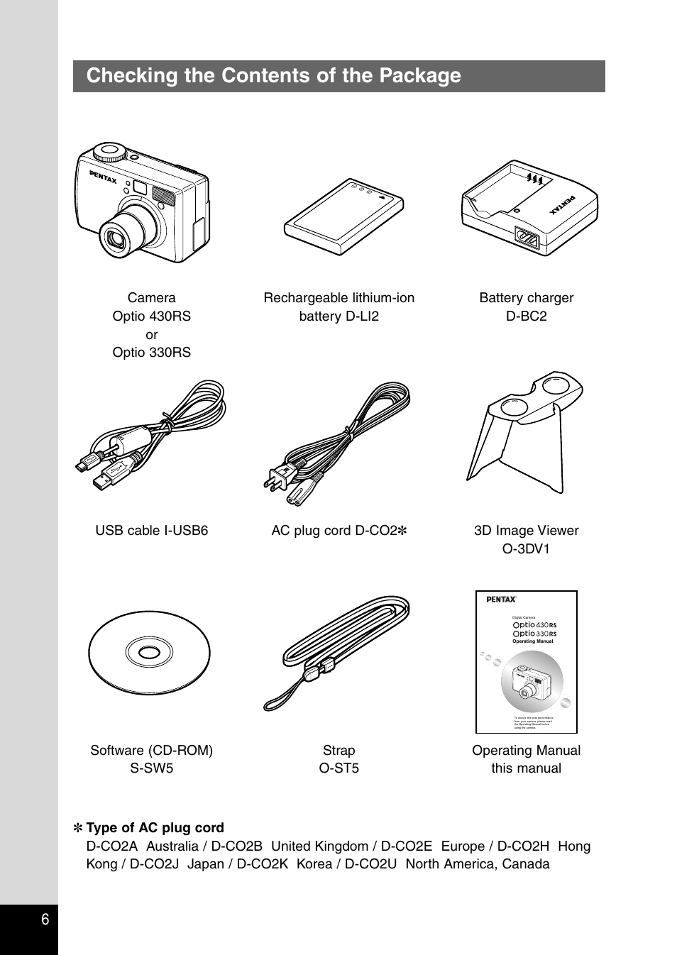 Checking the contents of the package | Pentax Optio 330RS User Manual | Page 8 / 138