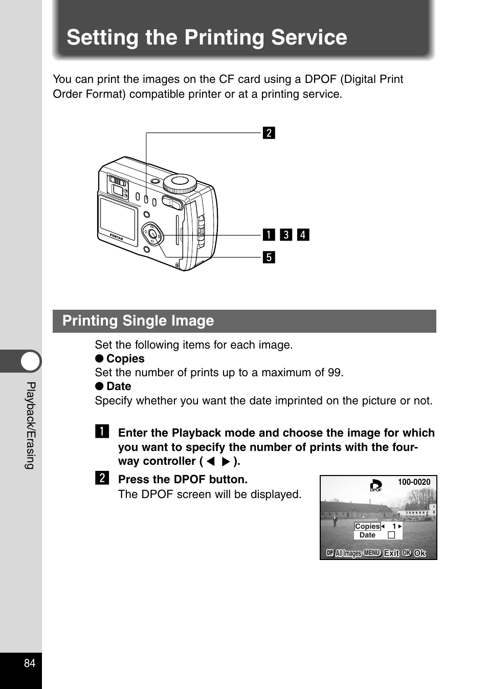 Setting the printing service, Printing single image, Bz c v x | Pentax Optio 330RS User Manual | Page 86 / 138