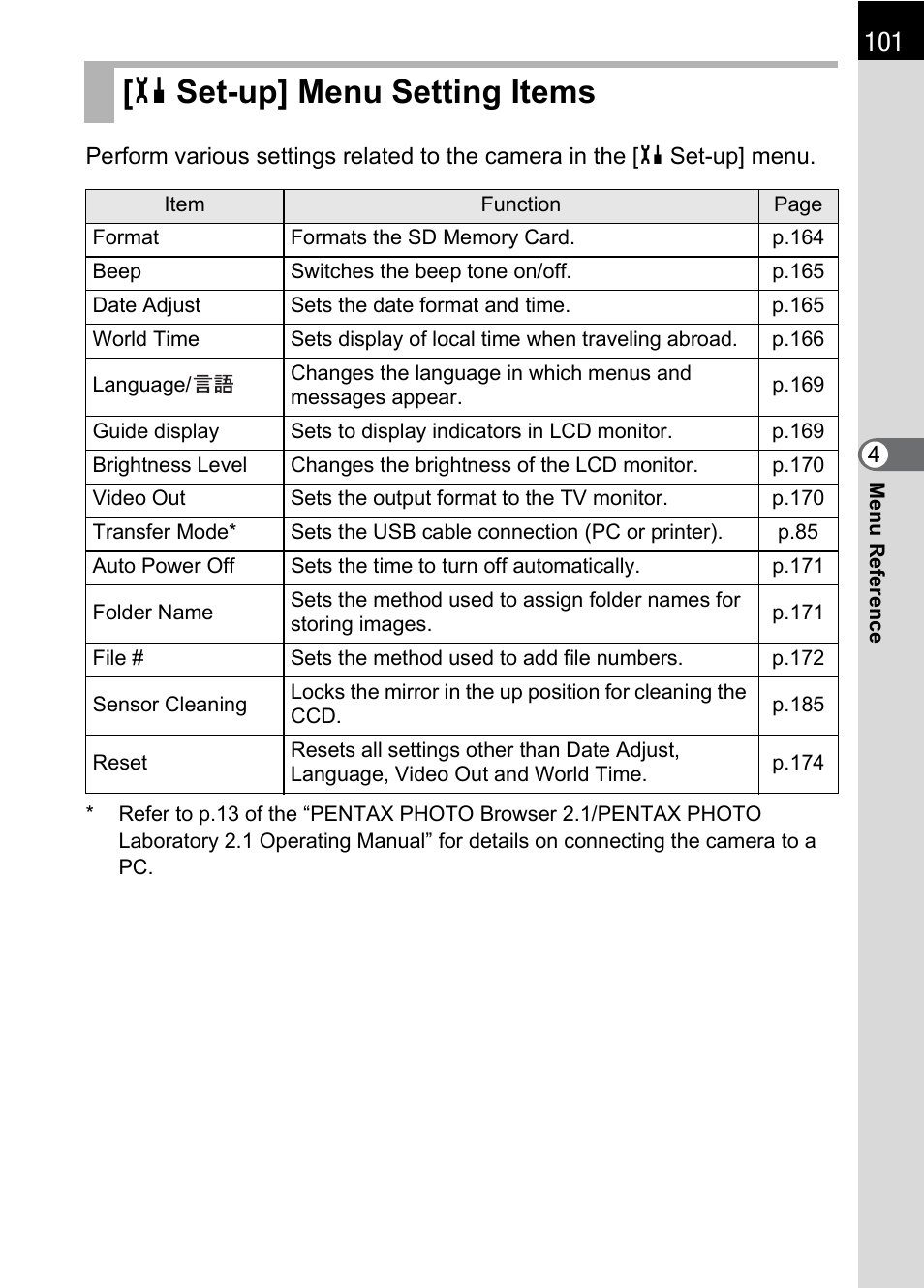 Set-up] menu setting items, H set-up] menu setting items, Guide display | P.101), P.101) and, Set-up] menu (p.101) | Pentax * istDL2 User Manual | Page 103 / 215