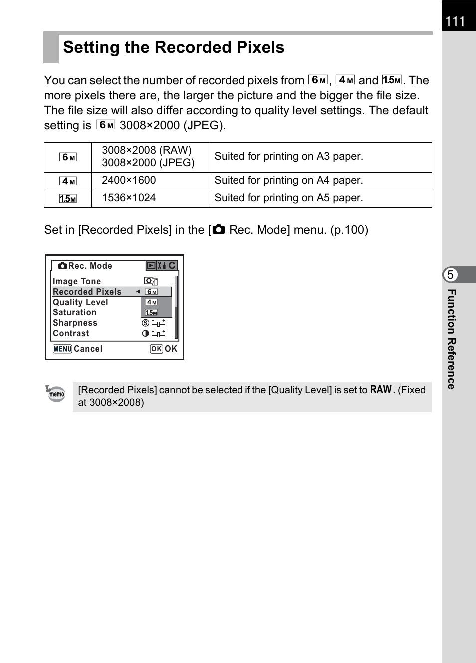 Setting the recorded pixels, P.111), P.111 | Pentax * istDL2 User Manual | Page 113 / 215